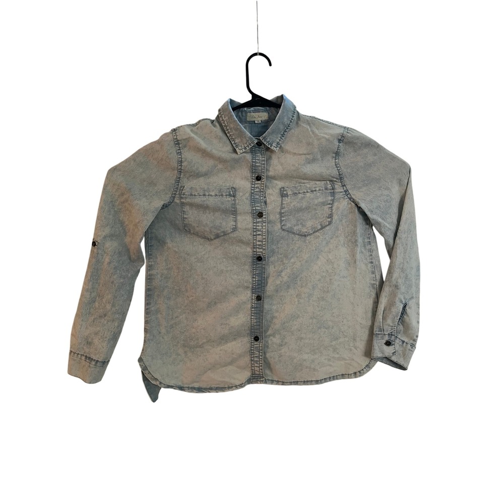 Love Notes Acid Wash Denim Look Button Down Shirt Blue Small High Low Roll Tab